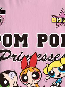 THE POWERPUFF GIRLS X SHEIN 青少年女孩圓領字母卡通印花休閒日常短袖T恤 - 白色 - 查看 4