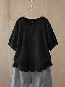 Rusticease 大尺碼女款刺繡設計圓領短袖休閒襯衫 - 黑色 - 查看 7