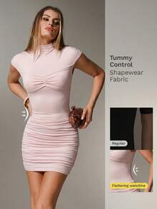 Nuvra Women's Fashion Sexy High Neck Short Sleeve Ruched Mini Dress With Tummy Control And Butt Lifting - Coral Pink - View 5