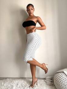 SHEIN SXY 女款波點印花高腰開衩七分褲 - 黑與白 - 查看 8