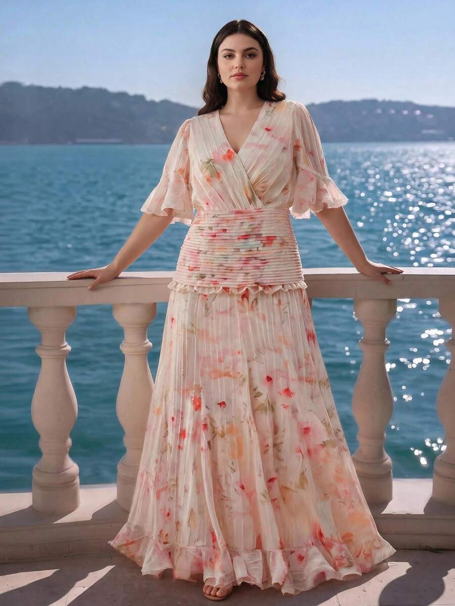 Anewsta Vestido largo elegante de mujer de talla grande con cintura ajustada, de chifón con estampado floral romántico de jacquard, para vacaciones de primavera/verano - Multicolor - Ver 1