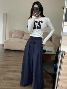 Dazy Tall Celana Panjang Kasual Wanita dengan Pinggang Elastis, Longgar, dan Lebar untuk Musim Gugur - Navy Blue - View 3
