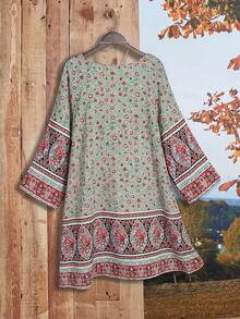 Rusticease Plus Size Patterned Midi Dress,Fall Women Clothes - Mint Green - View 2