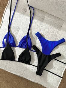 Swim Mod 女款夏季海灘純色掛脖綁帶性感比基尼三角褲4件套 - 彩色 - 查看 2
