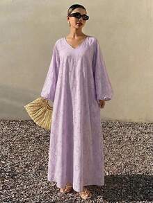 Livesso Robe ample mi-longue à col en V ajouré en dentelle pour femmes, robe d'été pour vacances - Prune - Voir 6