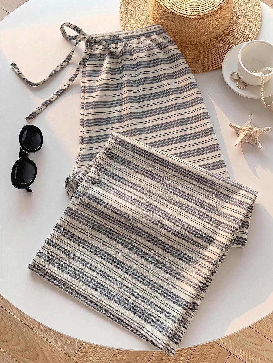 SHEIN EZwear 秋季新款針織條紋女款休閒腰綁帶直筒褲,適合夏季、日常通勤、派對、秋冬春夏、聖誕節、新年、感恩節、派對、婚禮、海灘、畢業典禮、優雅、外出、約會、通勤、情人節、優雅、度假、Y2K、畢業典禮等場合 - 彩色 - 查看 1