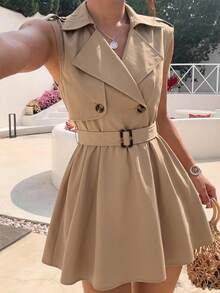 SHEIN MOD Women's Summer Casual Elegant French Commute Everyday Belted Short Dress Khaki Fall Summer Festival  Back To School - Khaki - View 4