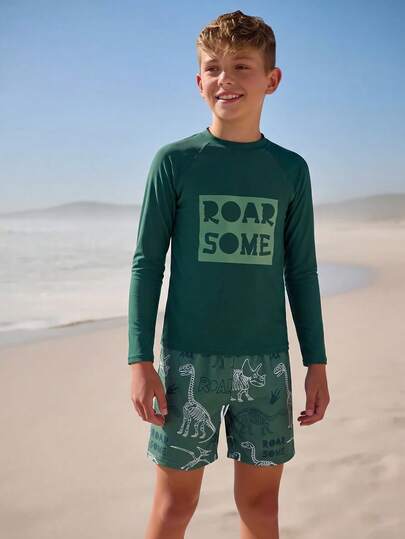 SHEIN Tween Boy Letter Print Long Sleeve Top And Shorts Swimsuit 2pcs Set, Letter Position Print, Bottoms Dinosaur Print Random