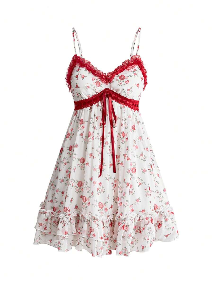 ROMWE Goth Vintage Contrast Lace Trim Ruffle A-Line Cami Dress - Multicolor - View 1