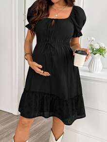 Boho Mama Umstandsmode elegantes lässiges Kleid mit Spitzenbesatz, gerafft, mit Bindeband vorne, für Fotoshootings, schwarz, Sommer - Weiss - Übersicht 9