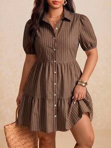 SHEIN Essnce Vestido de Talla Grande con Rayas y Bloques de Color, Un Solo Botón y Bajo con Volantes, Adecuado para el Verano - Marrón - Ver 4