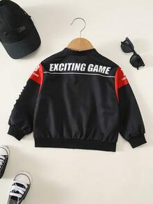 SHEIN 男女嬰兒/幼兒秋冬休閒百搭時尚摩托車夾克賽車服，街頭風賽車手夾克 - 黑色 - 查看 2