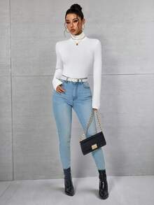 INAWLY High Neck Slim Fit Basic Tee Fall Cloth For Women - White - View 6