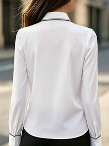 EMERY ROSE Blusa elegante blanca de manga larga para mujer, con cuello anudado y ribete de contraste estampado, ajuste regular, adecuada para vacaciones, desplazamientos, oficina, uso diario, todas las estaciones, versátil en blanco - Blanco - Ver 3