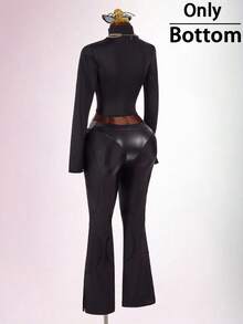 Amplova Women's Triangle Patchwork Suede Sporty Sexy Tight-Fitting Bodycon Waist-Cinching Low-Waist Skinny Long Pants Halloween Club Black Autumn - Black - View 1