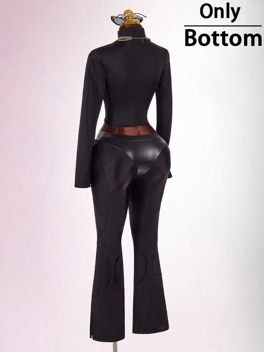 Amplova Women's Triangle Patchwork Suede Sporty Sexy Tight-Fitting Bodycon Waist-Cinching Low-Waist Skinny Long Pants Halloween Club Black Autumn - Black - View 1