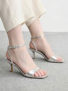CUCCOO BIZCHIC 女款方頭春夏新款 PU 面料踝扣涼鞋，浪漫優雅氣質女鞋 - 銀光亮金屬 - 查看 4