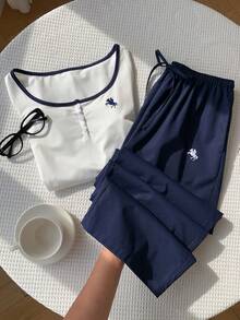 Comfortcana 女款馬術刺繡鈕扣半開襟長袖上衣與長褲休閒兩件套 - 彩色 - 查看 7