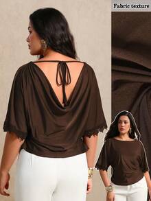 Juhart Plus Size Women's Summer Drapey Cool Solid Color Knit Hollow Out Open Back Tie Bow Lace Patchwork Design Elegant Minimalist Commute Top T-Shirt Brown - Brown - View 7