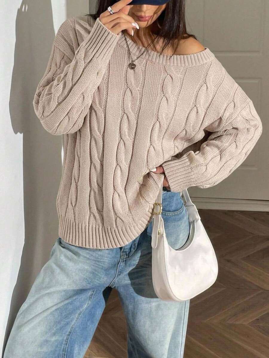 SHEIN 青少年女孩秋冬休閒居家粗針編織紋理露肩套頭鬆垮落肩長袖毛衣 - 棕色 - 查看 1