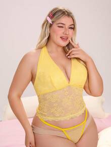 Nora Wilde 1pc Plus Size Lace Halter Backless Tank Top - Yellow - View 5