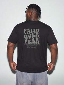 Modcrash Plus Size Men Slogan "Conquer Fear" Print Street Style Round Neck Short Sleeve T-Shirt - Black - View 2