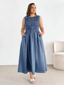SHEIN Essnce 大尺碼女款百褶休閒日常夏季洋裝 - 藍色 - 查看 3