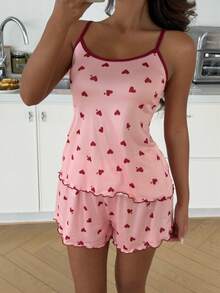 DUSKBASE Valentine's Day Colorblock Frill Trim Heart Print Camisole & Shorts Pajama Set - Pink - View 3