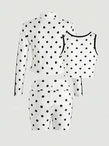 SHEIN 女童波點拉鍊背心短褲休閒運動套裝，3件組，適合戶外活動 - 彩色 - 查看 9