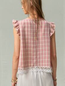 SHEIN Women's Plaid Flutter Sleeve Lace Trim Patchwork Ruffle Button Shirt - Pink - View 2
