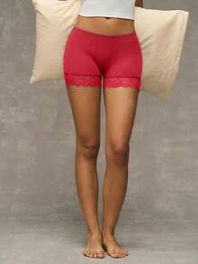 Esseday Women's Solid Color Contrast Lace Safety Shorts - Red - View 4