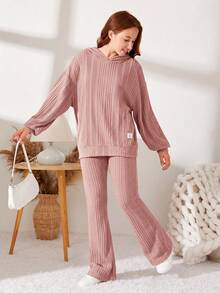 SHEIN Teen Girl Woven Label Knitted Fuzzy Ribbed Hoodie Autumn Top And Flared Long Pants Casual 2 Pieces Set - Pink - View 1