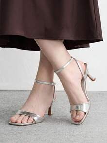 CUCCOO BIZCHIC 女款方頭春夏新款 PU 面料踝扣涼鞋，浪漫優雅氣質女鞋 - 銀光亮金屬 - 查看 6