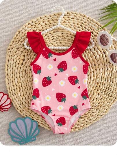 SHEIN Bañador de una pieza para niñas bebé, tela de poliéster con estampado digital de fresa linda, parte inferior de bikini de una pieza con volantes en los hombros