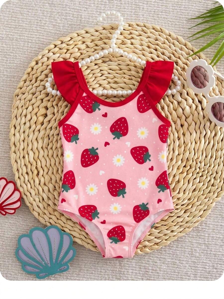 SHEIN Baby Girls One-Piece Swimsuit, Cute Strawberry Digital Print Polyester Fabric, One-Piece Bikini Bottom With Shoulder Ruffles - Pink - View 1