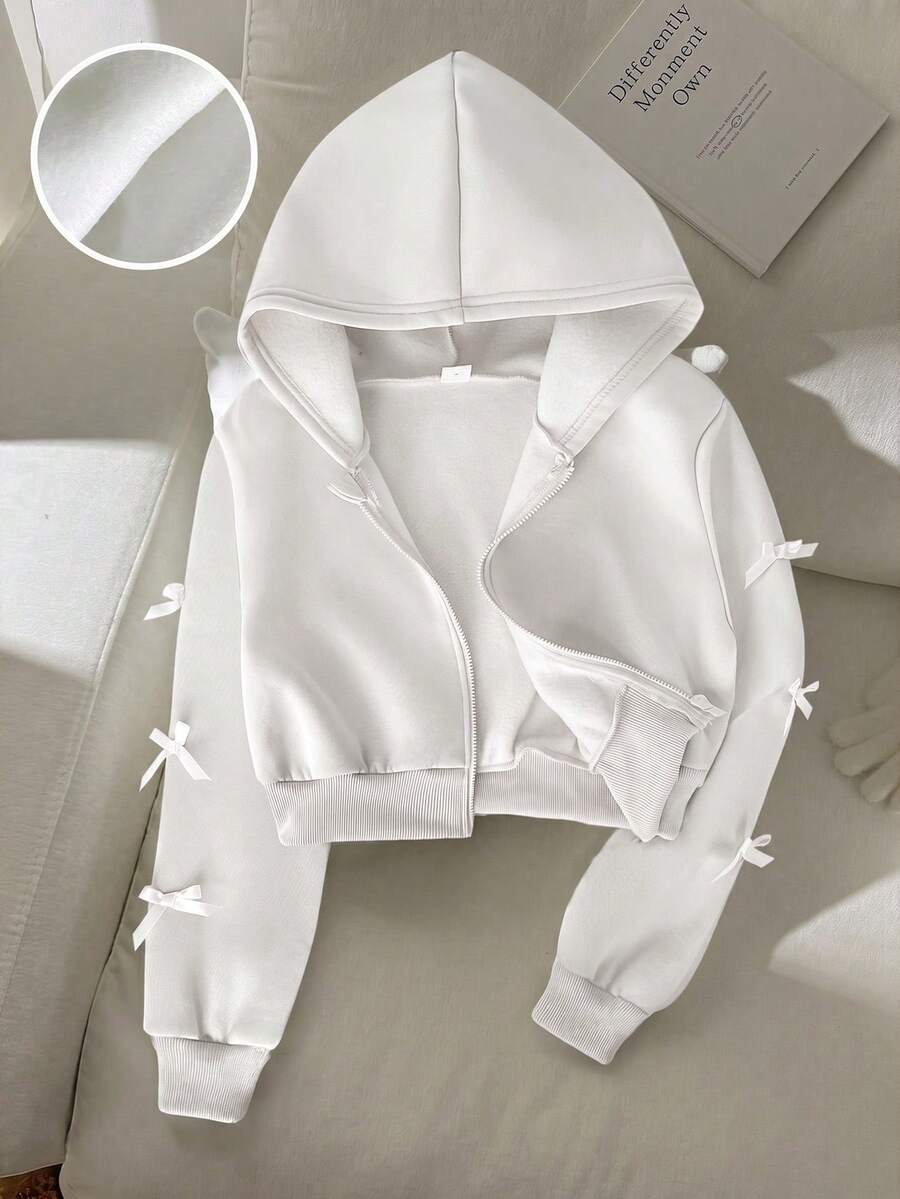 SHEIN Tween女孩寬鬆休閒極簡舒適日常街頭風長袖衛衣秋季外套白色返校穿搭 - 白色 - 查看 1