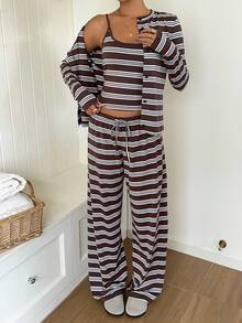 SHEIN EZwear 女款棕色條紋細肩帶背心、長褲與開襟衫休閒法式日常居家居家服旅行套裝，適合秋季早午餐旅行 - 彩色 - 查看 5