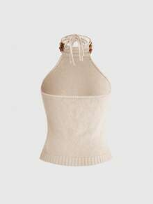 ROMWE Top tricoté femme blanc sexy et décontracté, dos nu, col licou, décor perles en bois, style vacances hot girl, pour soirée et rendez-vous d'été - Jaune citron - Voir 4