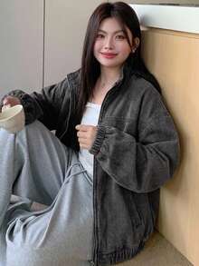Dazy Plus 淺洗藍色連帽拉鍊寬鬆燈籠袖收口下擺牛仔外套 大尺碼女款 - 灰色 - 查看 2