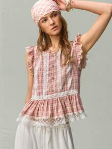 SHEIN Women's Plaid Flutter Sleeve Lace Trim Patchwork Ruffle Button Shirt - Pink - View 4