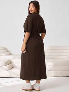 Solflare Brown Drawstring Waist Plus Size Dress Birthday Brunch Bussines Office Teacher Summer Casual - Chocolate Brown - View 2