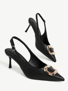 CUCCOO CHICEST Sepatu Hak Tinggi Wanita Model Baru Musim Semi dan Musim Panas dengan Gesper Persegi Logam, Tali Belakang, Sandal Hitam Elegan, Modis untuk Pesta dan Perjalanan. - Hitam - View 4