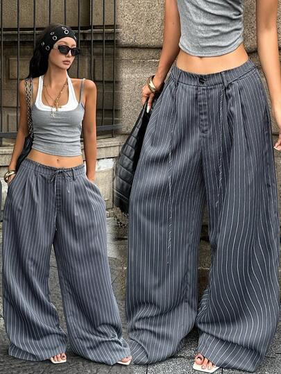 Coolane Women's Autumn Streetwear Casual Vintage Formal Office Work Bar Wear Daily Wear Striped Baggy Straight Pants Light Grey