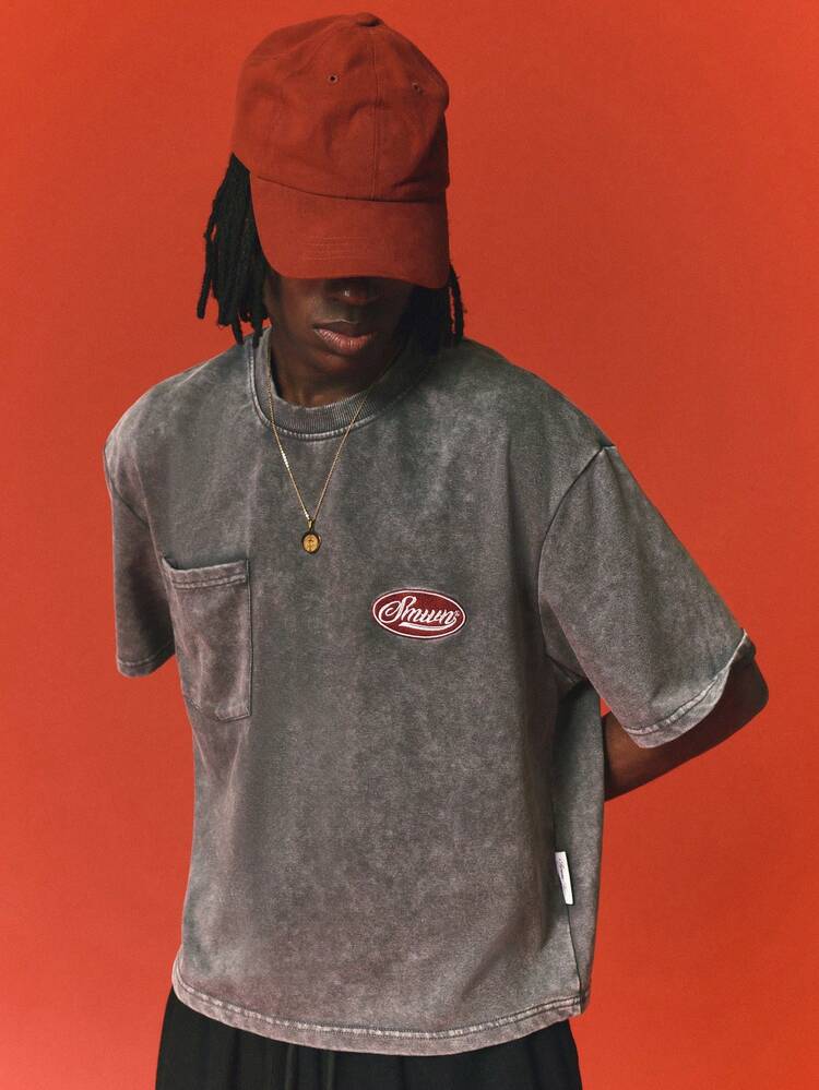 SUMWON Brand Oval Logo Patch Washed Short Sleeve Crew Neck Boxy Crop Tee With Chest Pocket Vintage Style - Grey - View 4