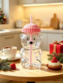 1Pc Cute Bear Shaped Heat Resistant Glass Cup With Lid & Straw, Honey Bear Sippy Mug For Coffee Beer Wine Cocktail, Home Kitchen Party Drinkware, Xmas New Year Gift. - Multicolor - View 10