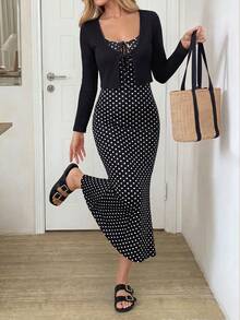 SHEIN LUNE Women's Casual Autumn/Winter Vacation Commute Basic Outfit Polka Dot Long Sleeve Tie-Front Top & Dress 2-Piece Set Fall Clothes Office Wear For Women - Black and White - View 8