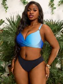 Slaydiva Plus Size Molded Cup Gradient Print Bikini Top - Blue - View 6