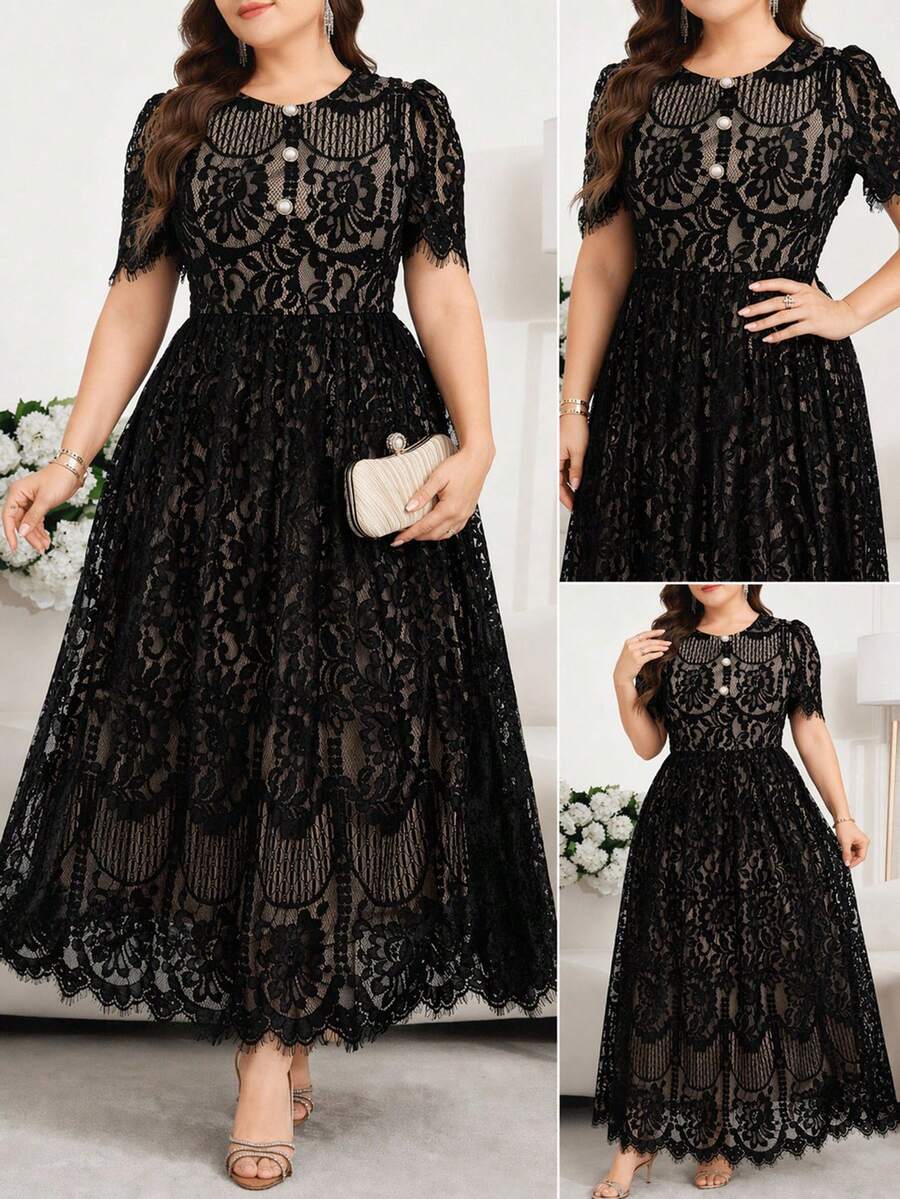 Reflora Plus Size Winter Elegant Lace Dress Evening Formal Black - Black - View 1