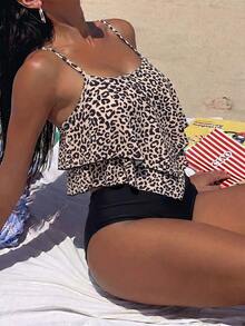 Swim Lushoire Women's Summer Beach Leopard Print Ruffle Tankini Set, Random Print - Multicolor - View 3