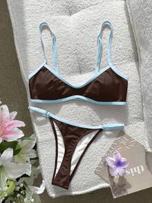 SHEIN Swim 女款比基尼泳衣 性感純色拼色比基尼，內建胸墊短版背心式泳衣，適合度假、海灘穿搭、Y2K、健身套裝，情人節新年派對度假穿著，城市到海灘波希米亞風 SS26 春夏海灘裝 - 咖啡棕 - 查看 5